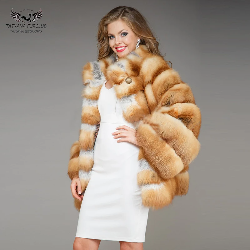 Tatyna Furclub женские шубы из настоящего золотого лисьего меха воротник толстый короткий 65 см натуральный мех пальто куртки натуральная кожа мода размера плюс