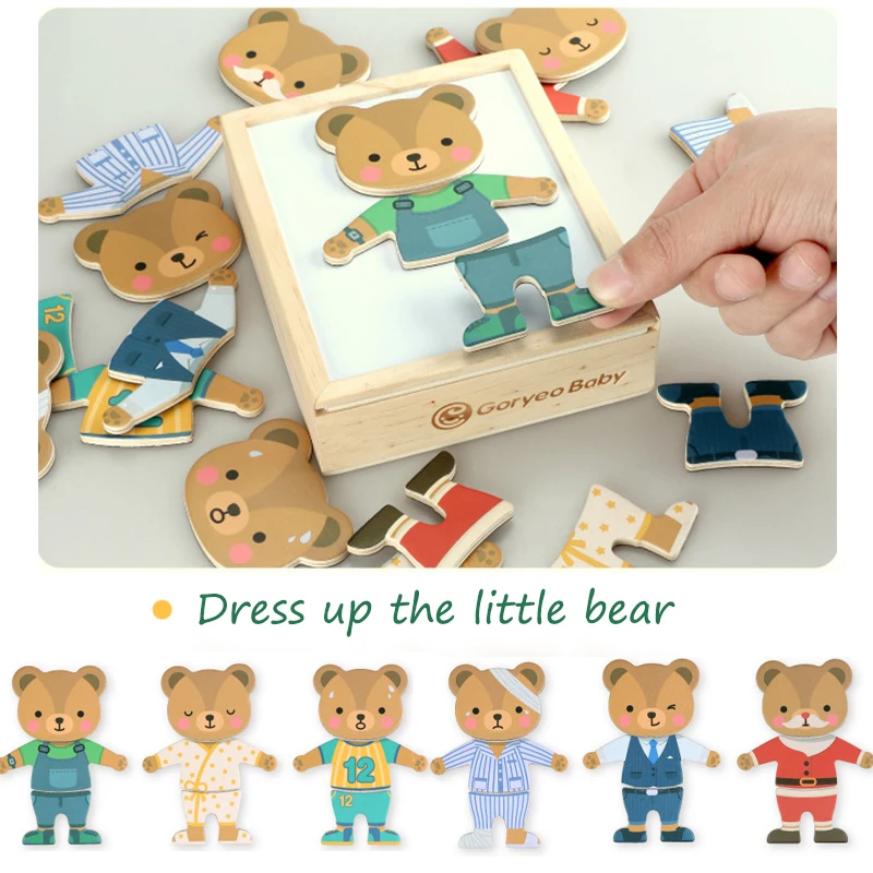 3D Magnetic Animal Puzzles Kids Wooden Toys Bear Dressing Up Jigsaw Games Montessori Educational Imagination Toy Gifts For Kids 4