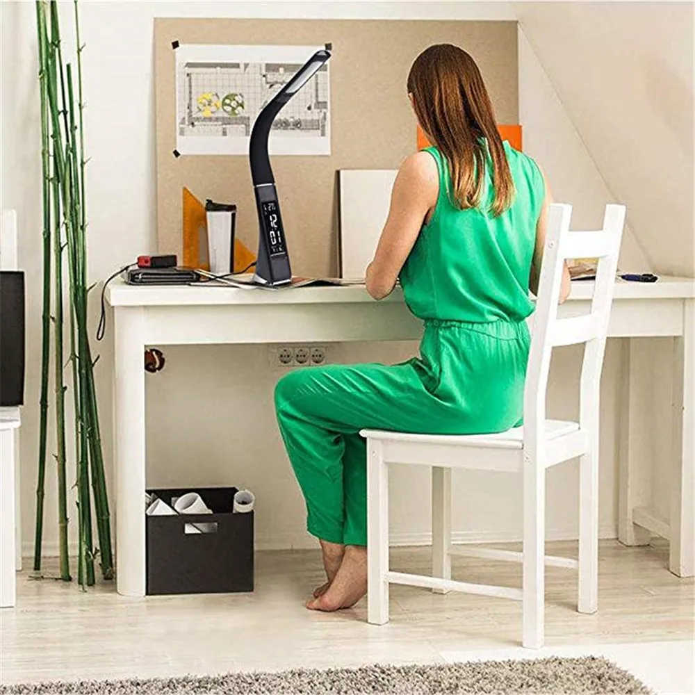 

WoodPow Gooseneck LED Office Desk Lamp Touch Leather-Like Dimming Reading Table Lamp Light With Alarm Clock Calendar LCD Display