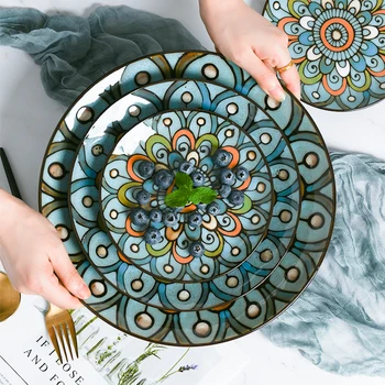 

Pastoral Style Hand-painted Tableware Creative Dinner Plate Household Flat Plate Salad Cake Plate Bone China Underglaze Color