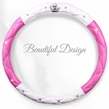 

Luxury PU Leather Car Steering Wheel Cover Diamond Crown 38CM/15" Auto Steering-Covers for Lady Girls Women Cute Car Accessories