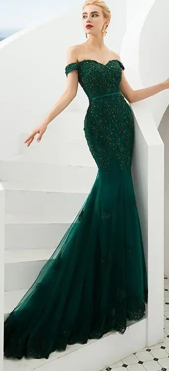 Hot Sale Dark Green Prom Dress Off Shoulder Mermaid Appliques Beading Formal Long Dress Sweep Train Evening Gowns Abito Da Sera - Цвет: Picture Green