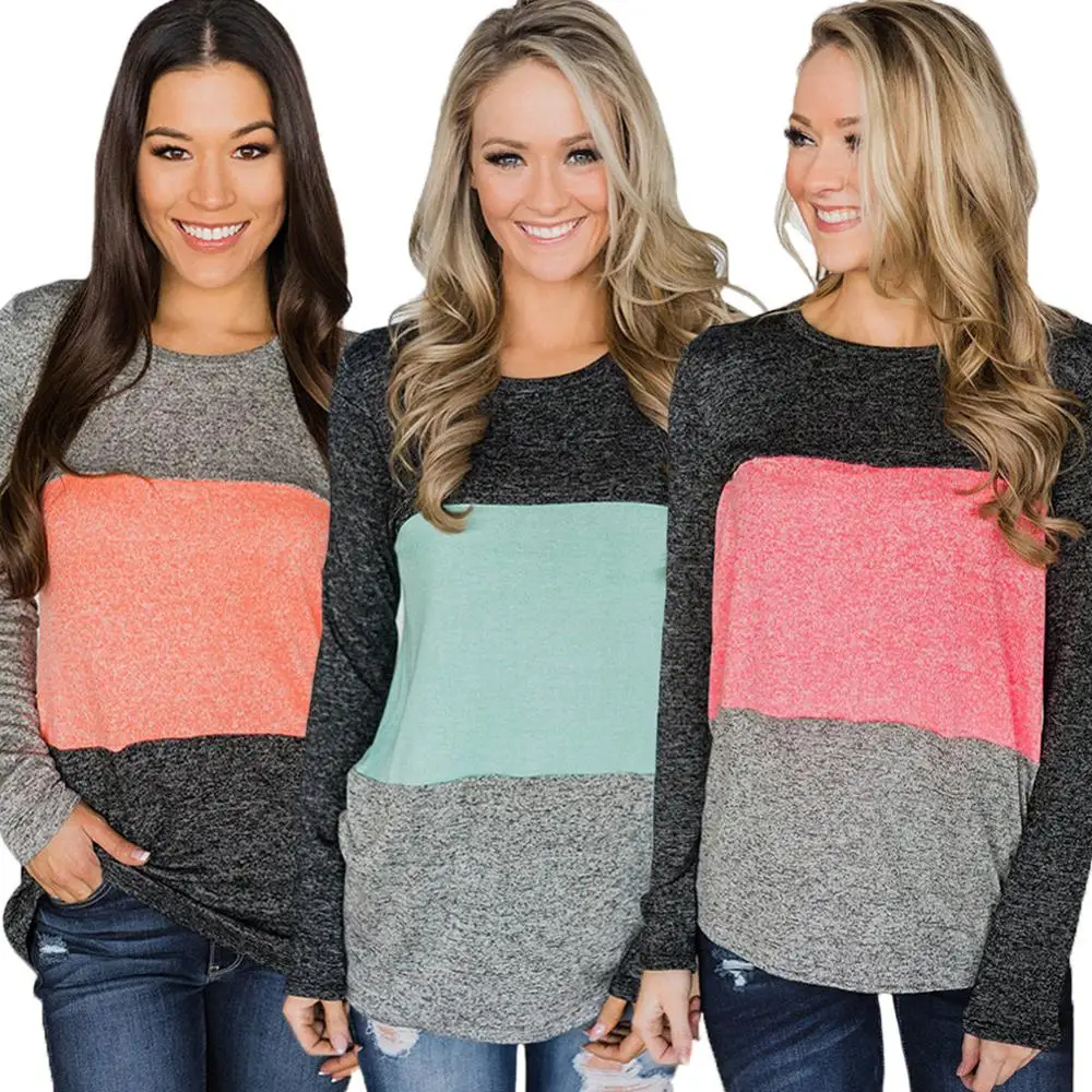 

2019 Autumn Winter Fashion Print Stitching Round Neck Long Sleeve Tops T-shirts for Women Long Sleeve Casual T-shirts Female Tee