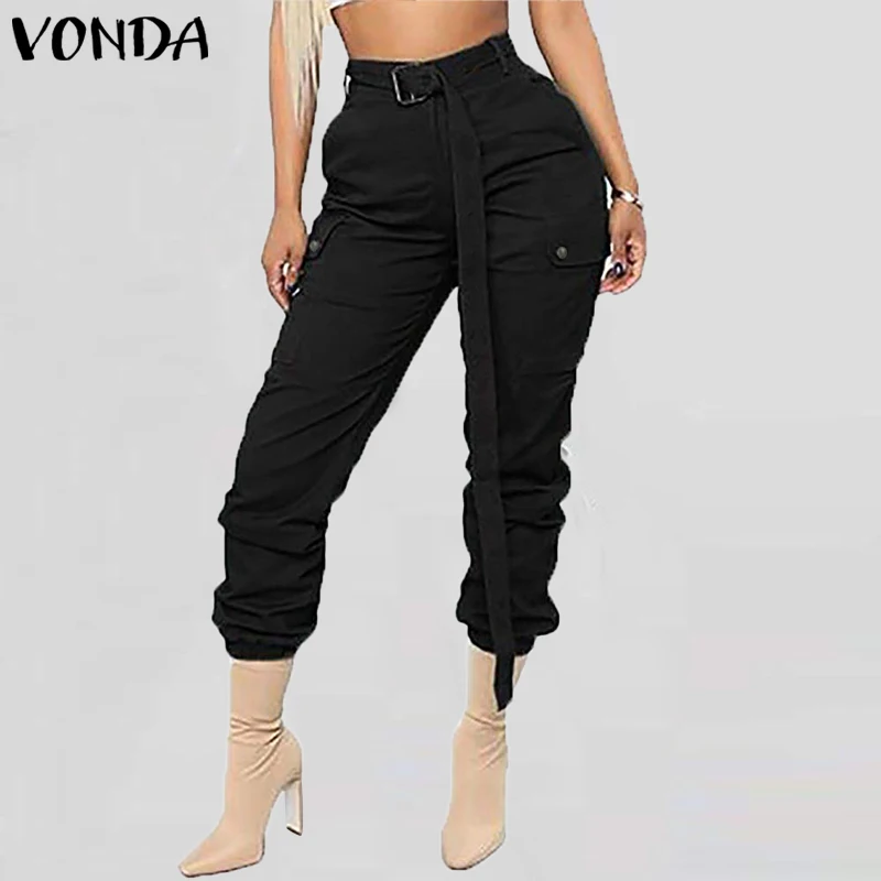 VONDA, лето, осень, длинные штаны с поясом, женские повседневные однотонные штаны на пуговицах размера плюс, офисные комбинезоны OL, Pantalon