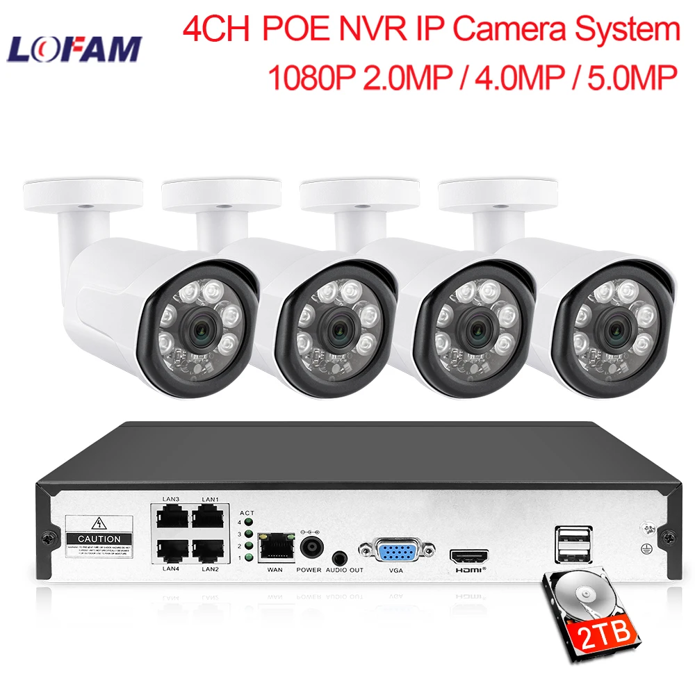 

LOFAM H.265 4CH POE NVR CCTV Security System HDMI 1080P 2MP 4MP 5MP POE IP Camera Outdoor Waterproof Video Surveillance Kit 4CH