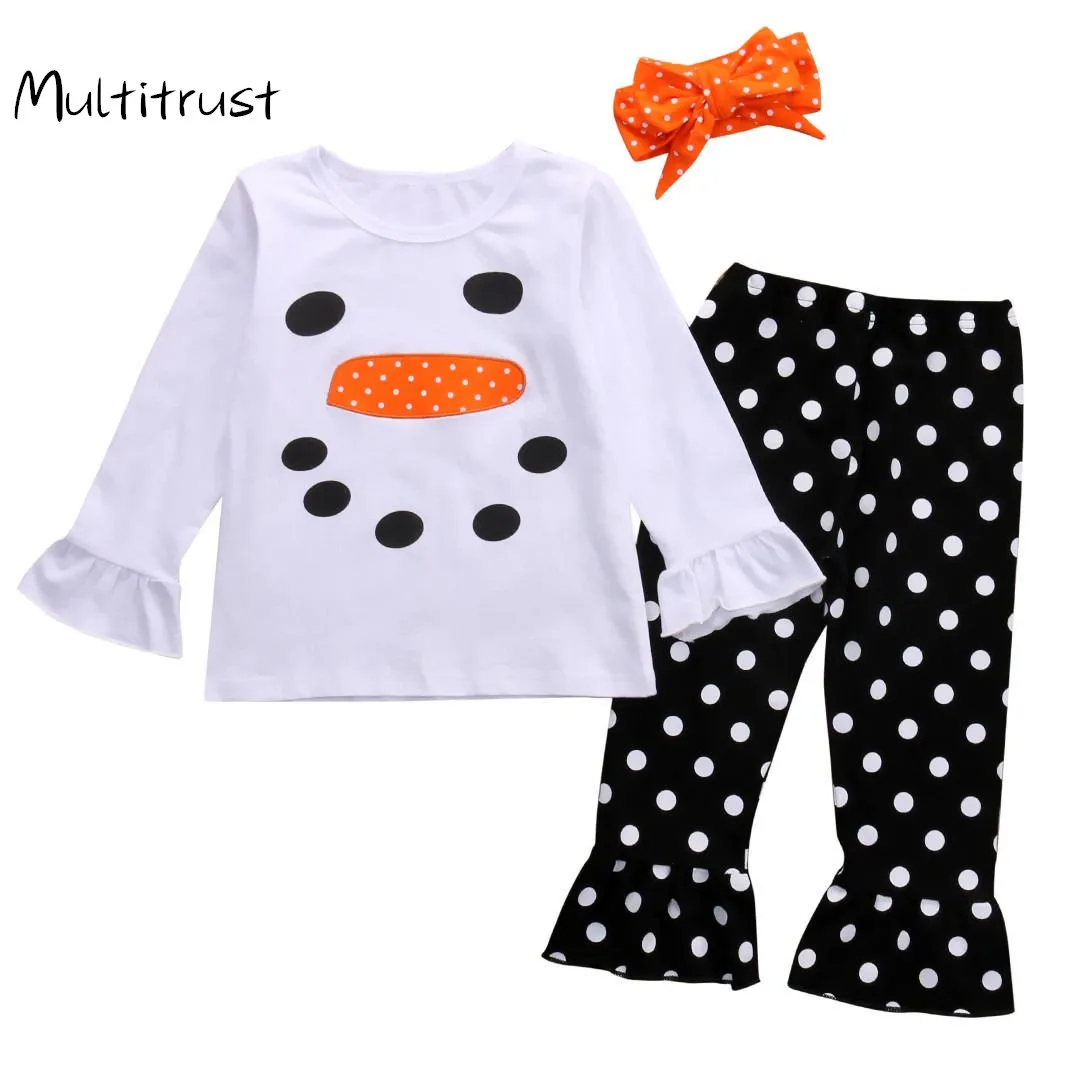 

3Pcs Clothes Set!! Toddler Kids Girls Christmas Snowman Cute Long Flare SleeveTops Dot Pants Outfits Set Age 2-7T