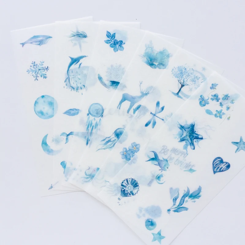 

6 Sheets /Pack Blue Style Ocean World Washi Paper Decorative Stickers Hand Account Decor
