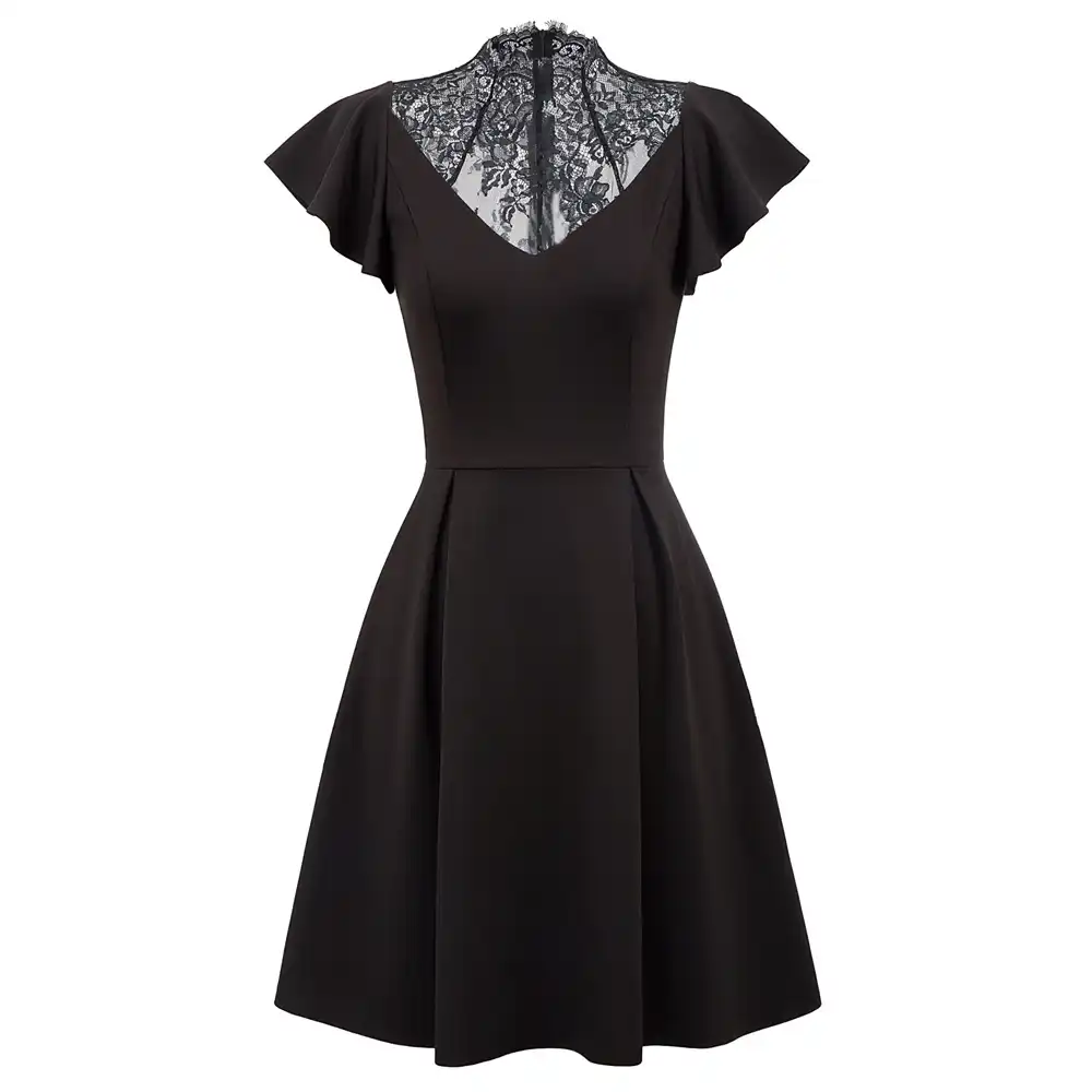 Elegant Dress Women Vintage Retro Short Flutter Sleeve Lace Patchwork Neck A Line Swing Dress Cocktail Party Short Dresses Lady Dresses Aliexpress
