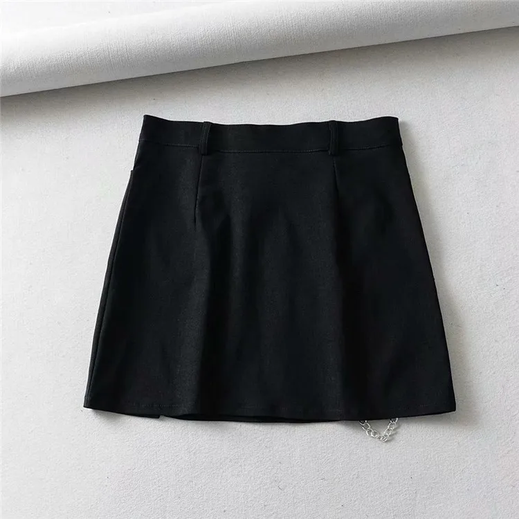 

8058-t-761 High-waisted Solid Color Holes Zipper 1-Accent A- line Short Skirt