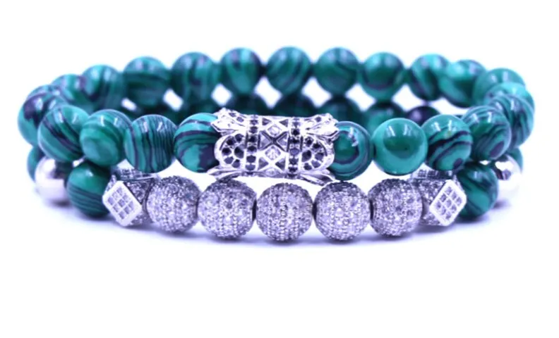 

8mm 2PCS/Set jg6f silver cf2 elastic adjusted nature malachite bead micro pave cz zircon cubic zirconia tube Bracelet