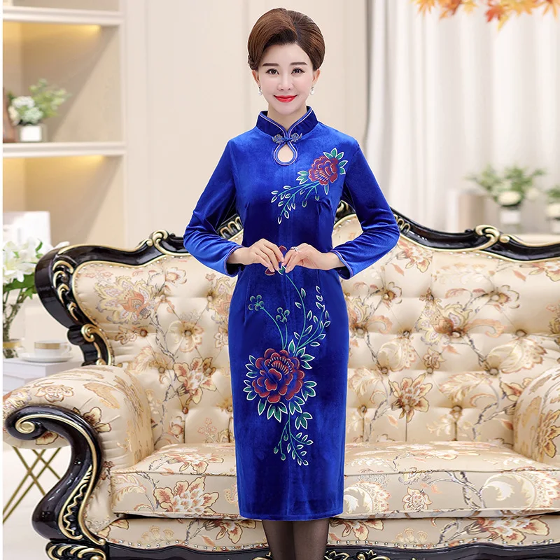 

Autumn And Winter Long Sleeve Gold Velvet Cheongsam Dress Elegant Slim Fit Slimming Mid-length Wedding Banquet Dignified Formal