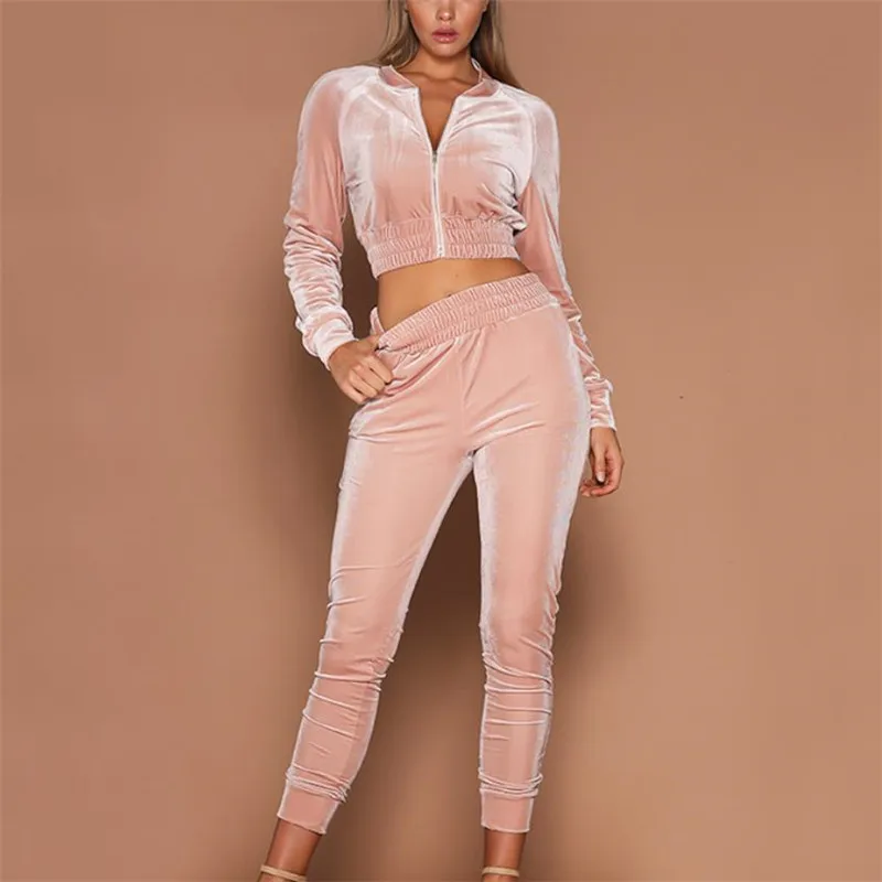 

2019 Fashion Women Velvet Sets Tracksuits Long Sleeve Zipper Coats Crop Tops Elasic High Waist Pants Solid 2Pcs Women Outfits