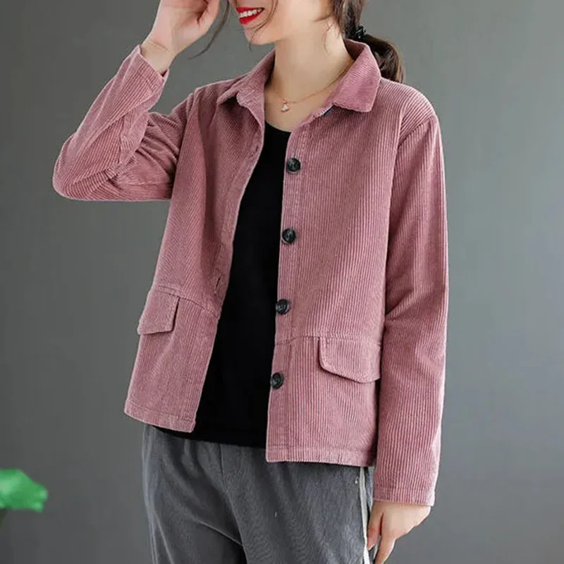 Corduroy Long-Sleeved Short Jacket Women's 2024 Spring Autumn New Pure Color Corduroy Coat Femalet Single-Breasted Thin Top A245