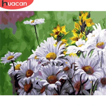 

HUACAN Oil Painting By Numbers Flower DIY Drawing Canvas Handpainted Pictures By Number Daisy Home Decoration