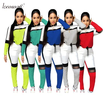 

2020 Casual Patchwork Leisure Sports Long Sweat Suit New Fall Two Piece Woman Pants Set