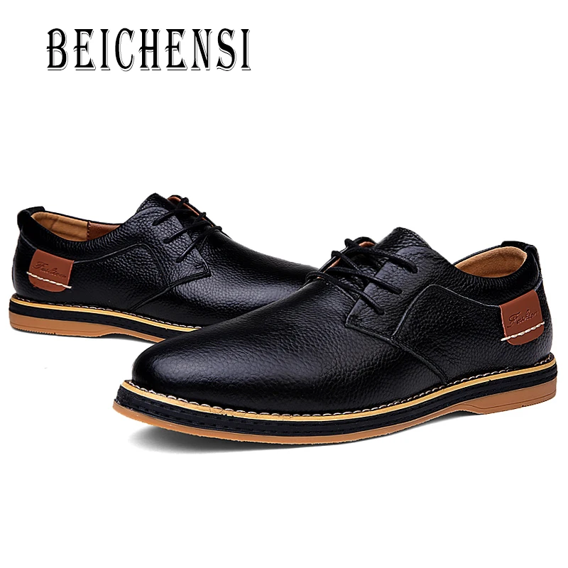 Повседневная мужская кожаная обувь; модные новые кожаные кроссовки; обувь для отдыха с низким берцем; мужская деловая обувь; цвет черный, синий, коричневый; большие Size39-48 - Цвет: Black