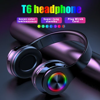 

T6 Headphones Gaming Headset Earphones Music With Microphone Wireless Bluetooth 9D Stereo headphone Support TF Card 3.5mm LED