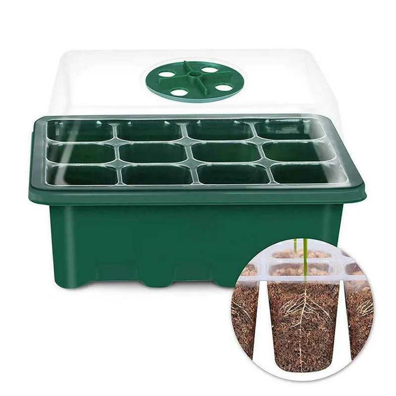 

12 Holes Plastic Nursery Pots Planting Seed Tray Kit Plant Germination Box With Dome And Base Garden Grow Box Gardening Supplies