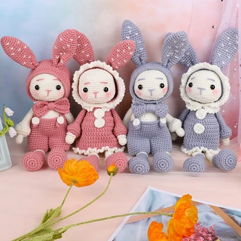 

Handmade DIY Knitting Crocheted Doll Materials Package Wool Couple Rabbit Unfinished Plush Toy With Weaving Tools Children Gifts