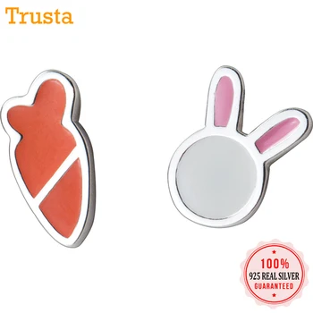 

Trusta 2020 Genuine 925 Sterling Silver Sweet Asymmetrical Animal Rabbit Carrot Stud Earrings For Women Girls Kids Lady DS1258