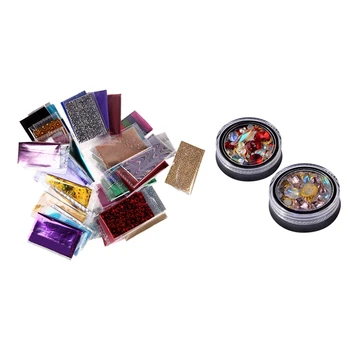 

2 Set DIY Nail Art Decoration: 1 Set 50 Pcs Foil Galaxy Nail Sticker Paper & 1 Set 2 Box 3D Nail Jewelry Ornaments Tip