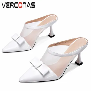 

VERCONAS Women Mules Slippers Butterfly Knot Pointed Toe Sandals High Heeled Casual Shoes Summer Genuine Leather Shoes Woman