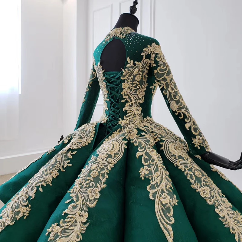 HTL1099 Luxury Green Crystal Evening Dress 2020 Long Sleeve Appliques Beading Ball Gown Lace Up Back Plus Size 4