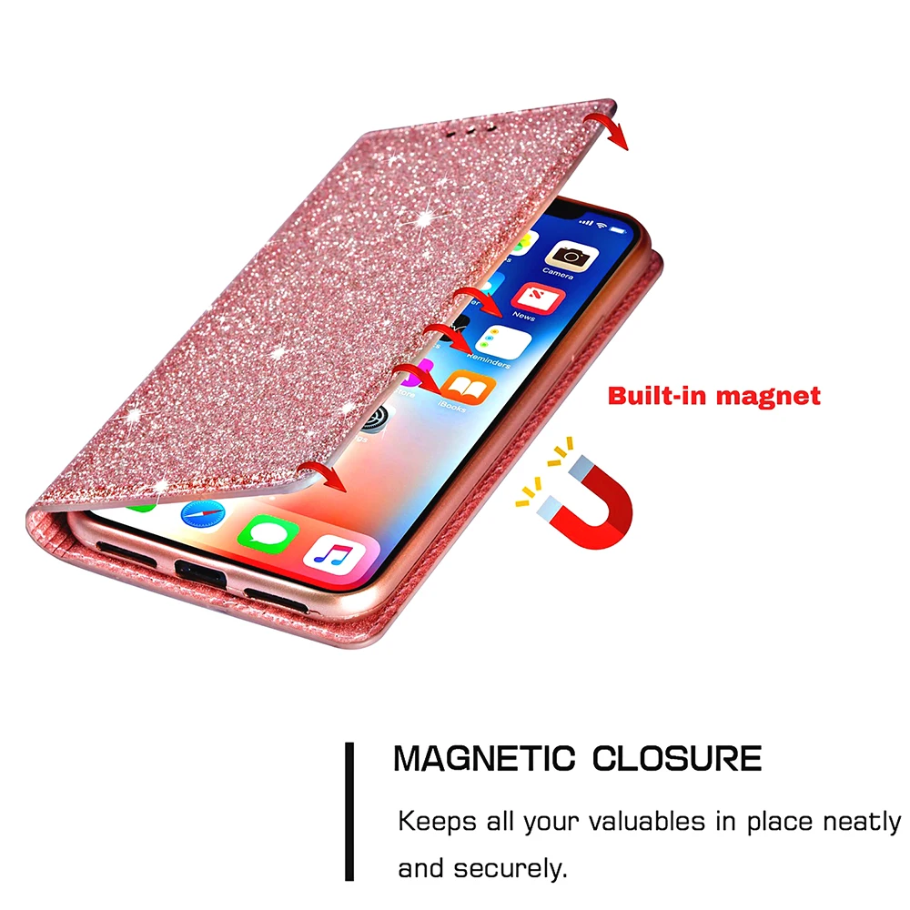 Bright pink glitter phone case for Huawei P30 P20 Mate10 Mate20 LIte Pro Y6 Y7 P Smsrt Plus 2019 flip cover leather case pu case for huawei