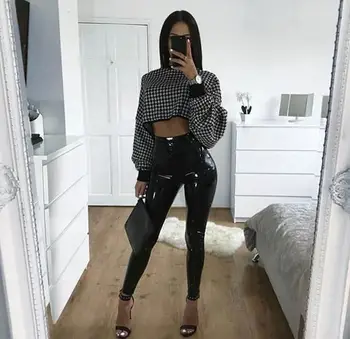 

Fashion Women Solid Black High Waist Elastic Pencil Pants Sexy Tight PU Winter PU Leather pants skinny high waist elastic