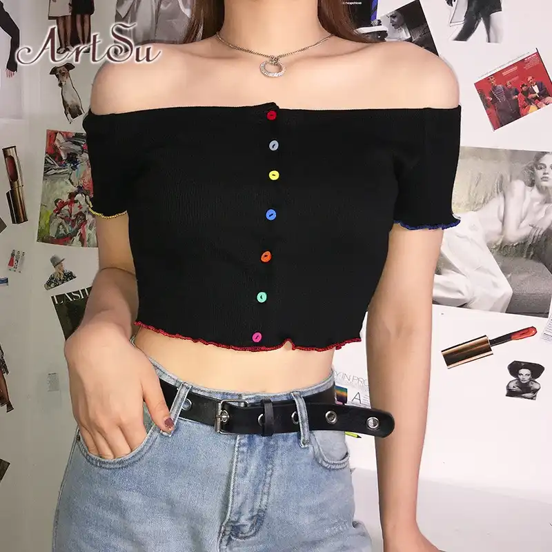 black off the shoulder button up top