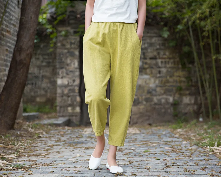 Johnature Loose Comfortable Solid Color Pockets Elastic Waist All-match Calf-length Pants 2020 Autumn New Women Straight Pants