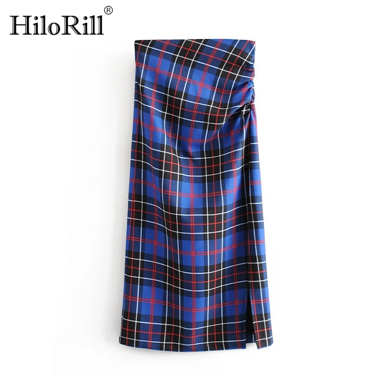 Women Vintage Elegant Plaid Split Midi Skirt Fashion High Waist Back Zipper Office Pleated Skirts Casual Faldas Mujer