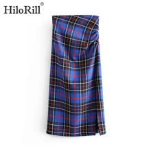 Women Vintage Elegant Plaid Split Midi Skirt Fashion High Waist Back Zipper Office Pleated Skirts Casual Faldas Mujer