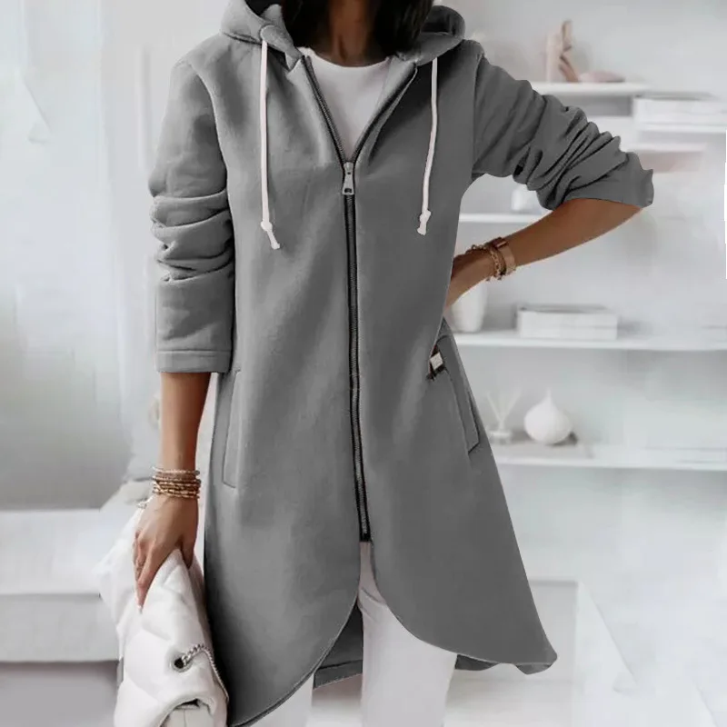 New Women's Autumn and Winter New Personality Street Sweater Zipper Hooded Long Sweater with Velvet   Womens Winter Tops Clothes