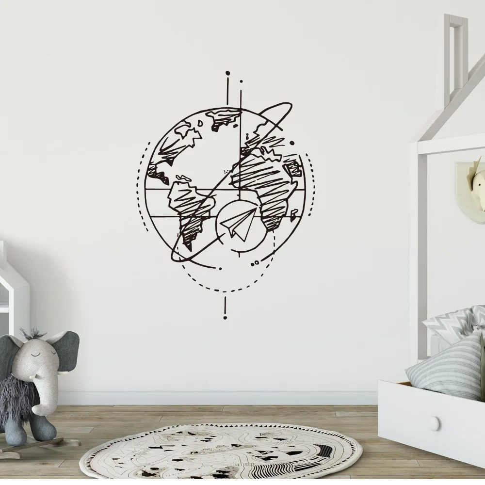 Large Drawing earth and paper plane Wall Sticker Office Classroom Earth Global World Map Wall Decal Bedroom Kids Room Vinyl Deco (2)