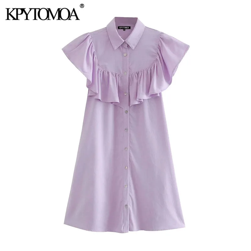 KPYTOMOA Women 2020 Chic Fashion With Ruffles Button-up Mini Dress Vintage Short Sleeve Side Pockets Female Dresses Vestidos KPYTOMOA Women 2020 Chic Fashion With Ruffles Button-up Mini Dress Vintage Short Sleeve Side Pockets Female Dresses Vestidos