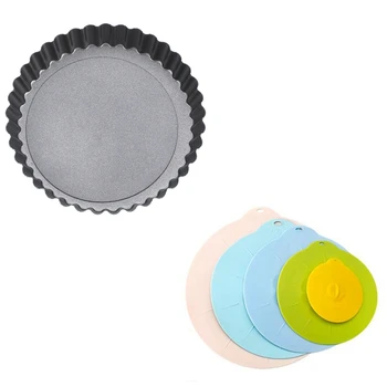 

5 Pcs Reusable Food Grade Silicone Bowl Seal Lid Heat-Resistant Pot Cover & 1x Carbon Steel Non-Stick Round Baking Tray