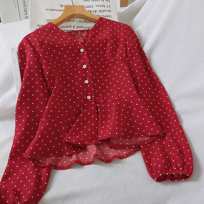 Винтажная блузка женская осень весна японский стиль шикарный дизайн длинный рукав красный желтый черный белый горошек блузка рубашка - Цвет: Красный