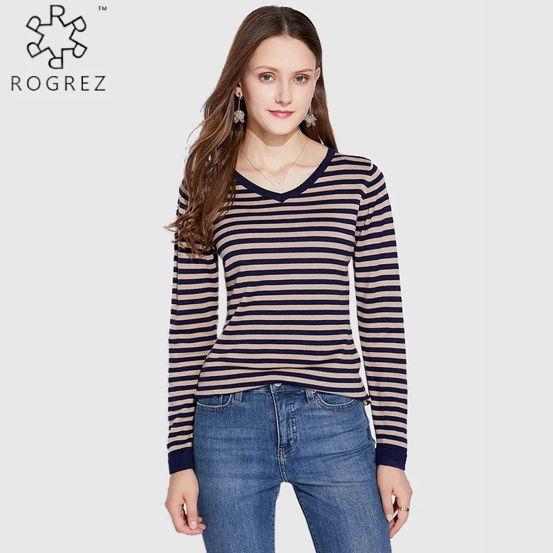 

ROGREZ Striped Casual Keep Warm Fleece Inner Sweaters Women Winter Thicken Knitted Cotton Pullover Sweater
