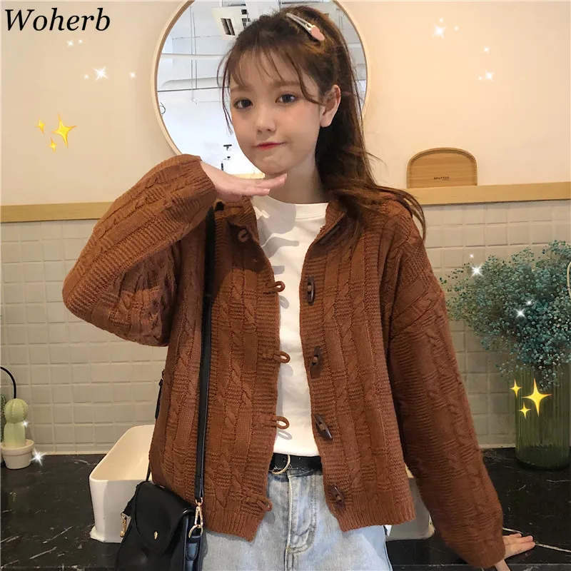 

Woherb Autumn New Sweater Women Solid Color Long Sleeve Horn Buckle Twist Knitted Cardigan Coats Elegant Vintage Fashion 90826