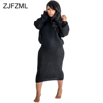 

Autumn Winter Plus Size 2 Piece Skirt Set Women High Neck Long Sleeve Oversized Sweaters and Long Skirts Solid Two Piece Set
