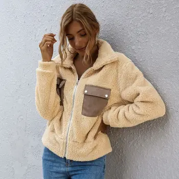 

2020 New Woman Coat Autumn Fashion Yellow Lapel Fleece Fuzzy Cardigan Tops Jackets Zip Up Coat with Patchwork Thick Pockets