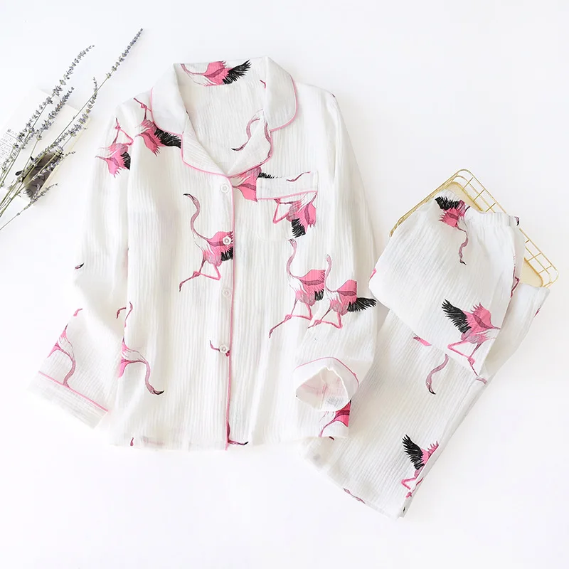 Women Long Sleeve Nightwear Spring 100% Cotton Knitted Pajama Set Cartoon Flamingo Printing Pajamas Loungewear Sleepwear