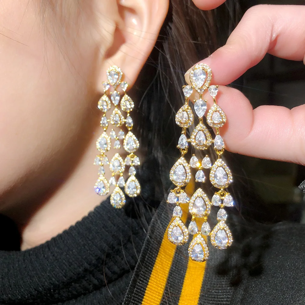 Pera Cubic Zirconia Long Bridal Wedding Hanging Water Drop Dangle Earrings For Ladies Party Jewelry E665