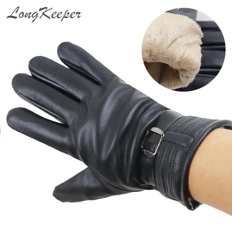 Longketter Регулируемый искусственная кожа перчатки мужские с сенсорным экраном зимние теплые варежки Черные Водонепроницаемые меховые Guantes для вождения