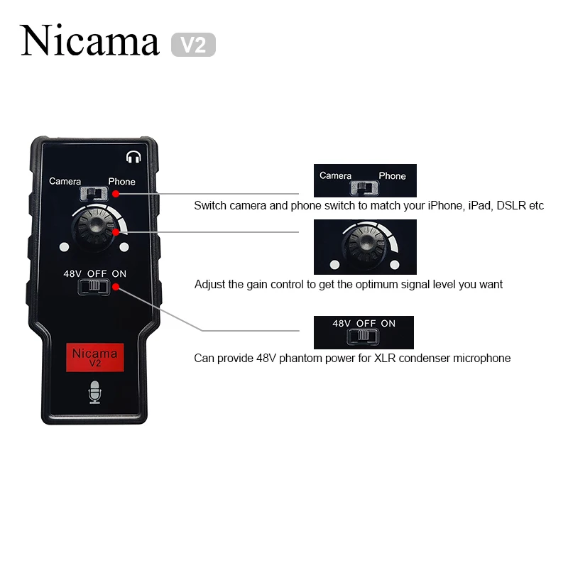 Preamp para Smartphone Adaptador de Guitarra com 48v Nicama Microfone Phantom Power Mic Acessórios Amplificador Ipad Dslr Câmera v2 Xlr - - Image 4