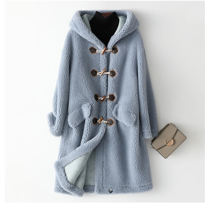 2019 Mid-Length Autumn Winter Wool Hooded Horn Buckle Sheep Shearling Fur Coat Literary Fashion Women's H00964 | Женская одежда