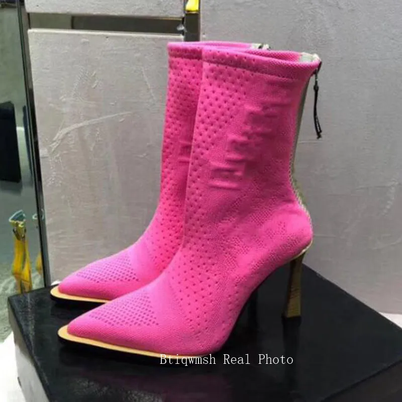 pink ankle boots Вязаные эластичные сапоги до колена; женская обувь с острым носком и вышивкой на необычном высоком каблуке; женские эластичные ботильоны для подиума - Цвет: pink ankle boots