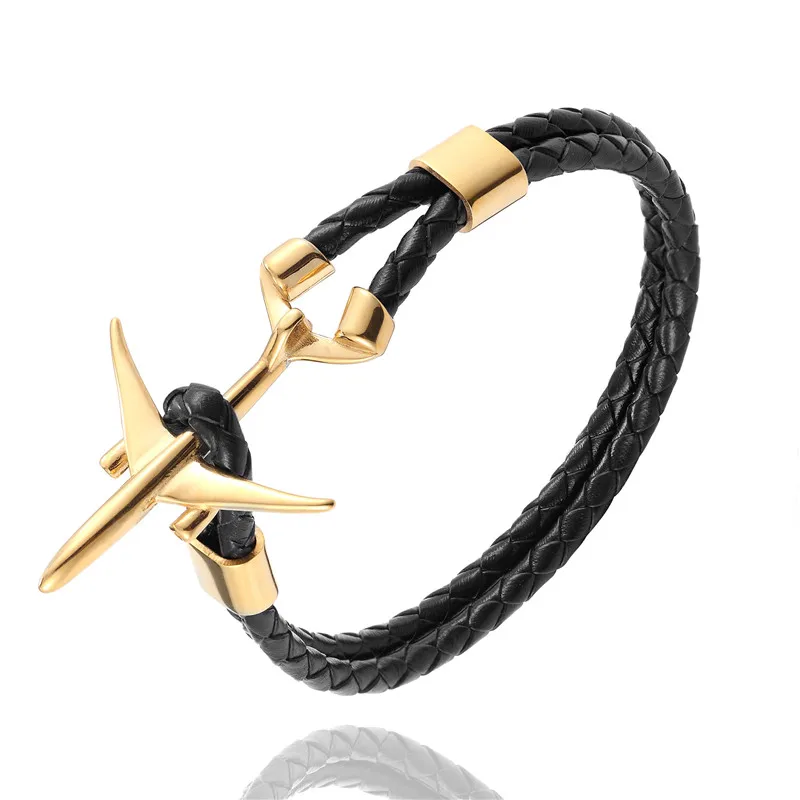 Gold Black MKENDN Hot Sale Stainless Steel Airplane Anchor Bracelets Men Women Genuine Multilayer Leather Bracelet Freestyle Homme Jewelry - Окраска металла: Gold Black