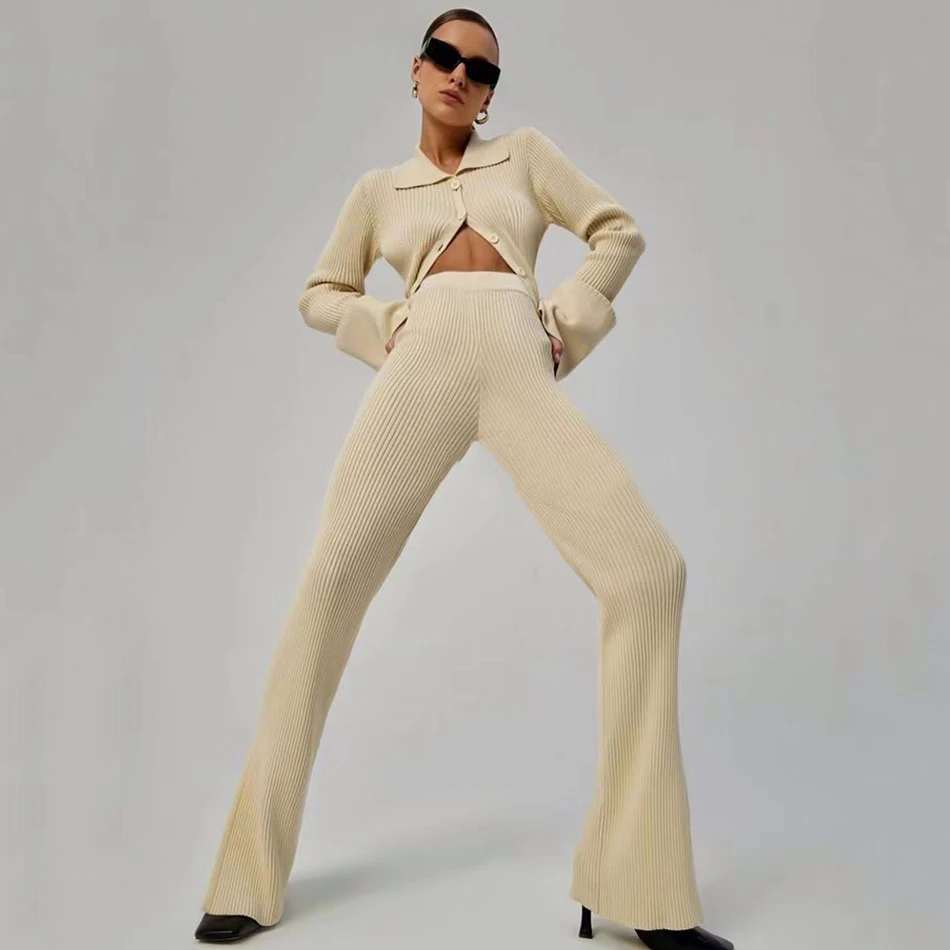 High Quality Fashion Women'S Knitted Slim 2 Two-Piece Set 2021 Spring Sexy V Long-Sleeved Button Top + Pants Casual Suit skirt suit set